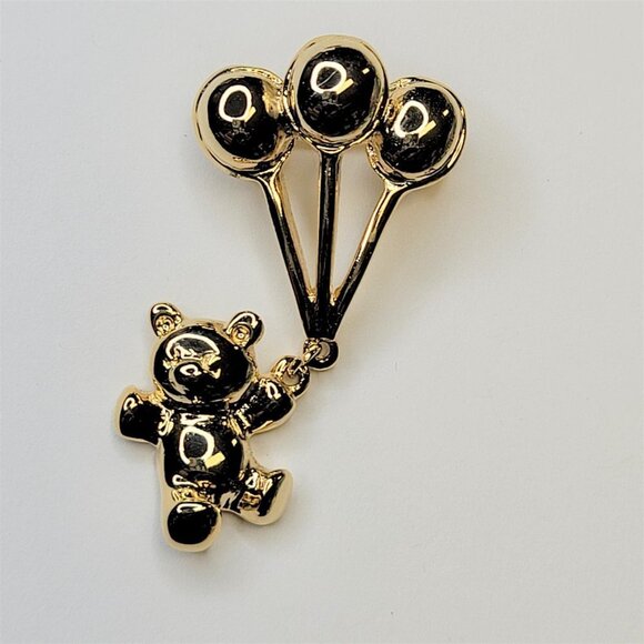 GOLD Tone Teddy Bear With Balloons Brooch Pin - Picture 1 of 7